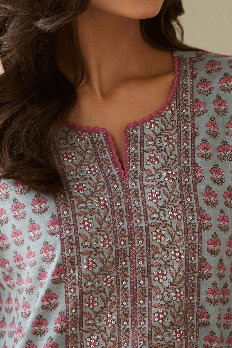 Blue Hand Printed Straight Cotton Slub Kurta