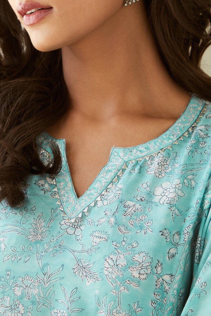 Blue Hand Block-Printed Straight Viscose Kurta