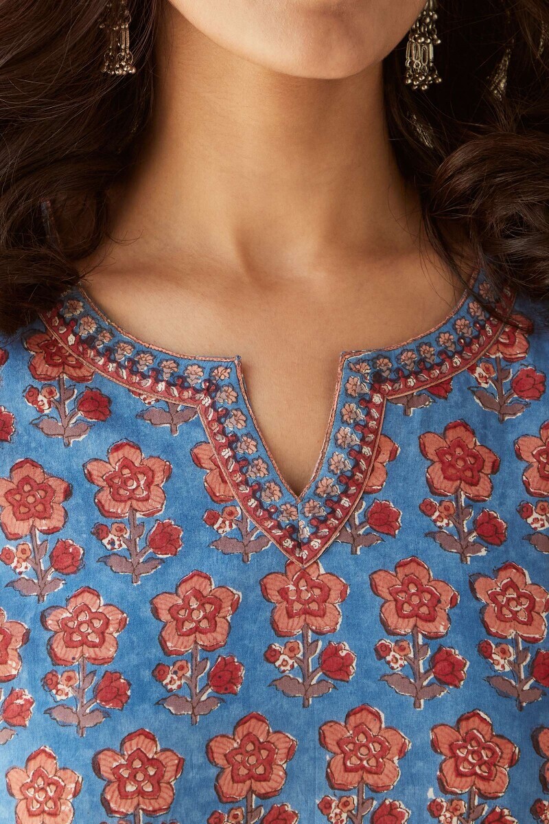 Blue Hand Block-Printed Straight Cotton Kurta