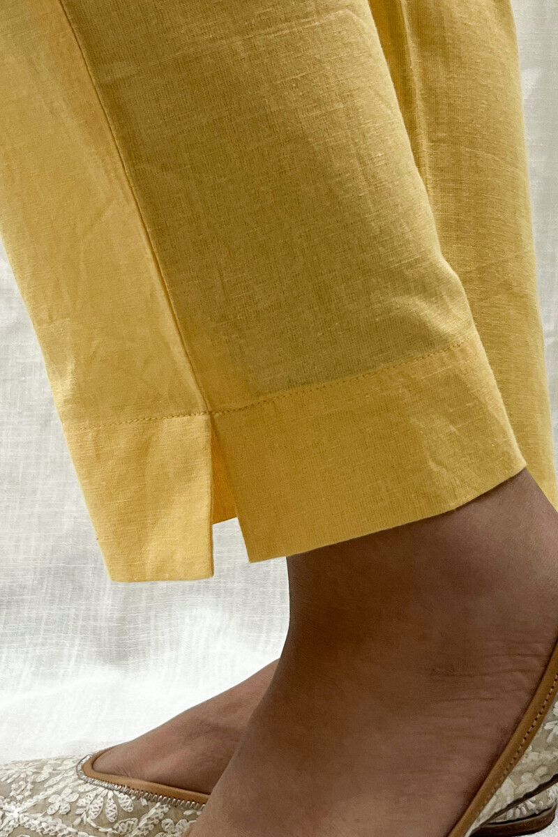 Yellow Handcrafted Cotton Flax Narrow Pants
