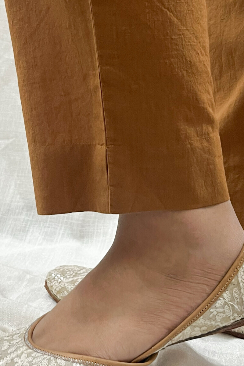 Brown Handcrafted Cotton Slub Narrow Pants