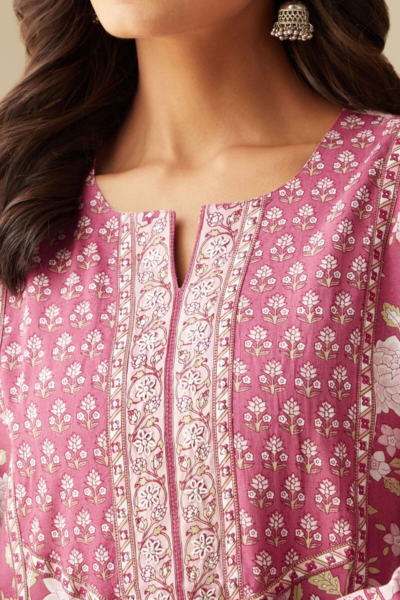 Pink Hand Printed Straight Viscose Kurta