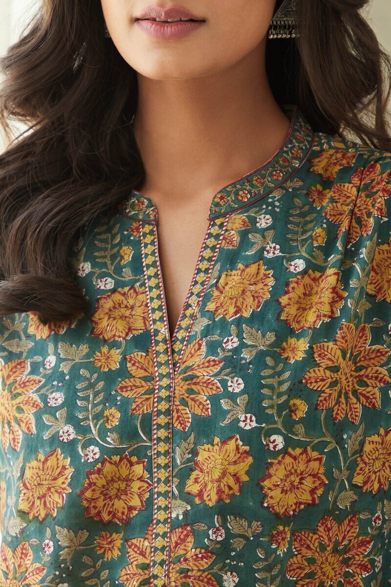 Green Hand Block-Printed Cotton Top