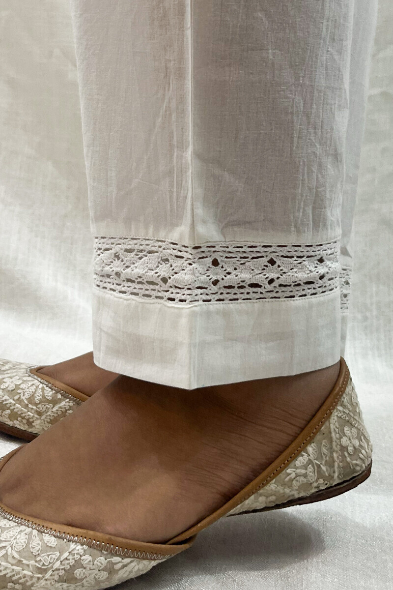 White Handcrafted Cotton Narrow Pants