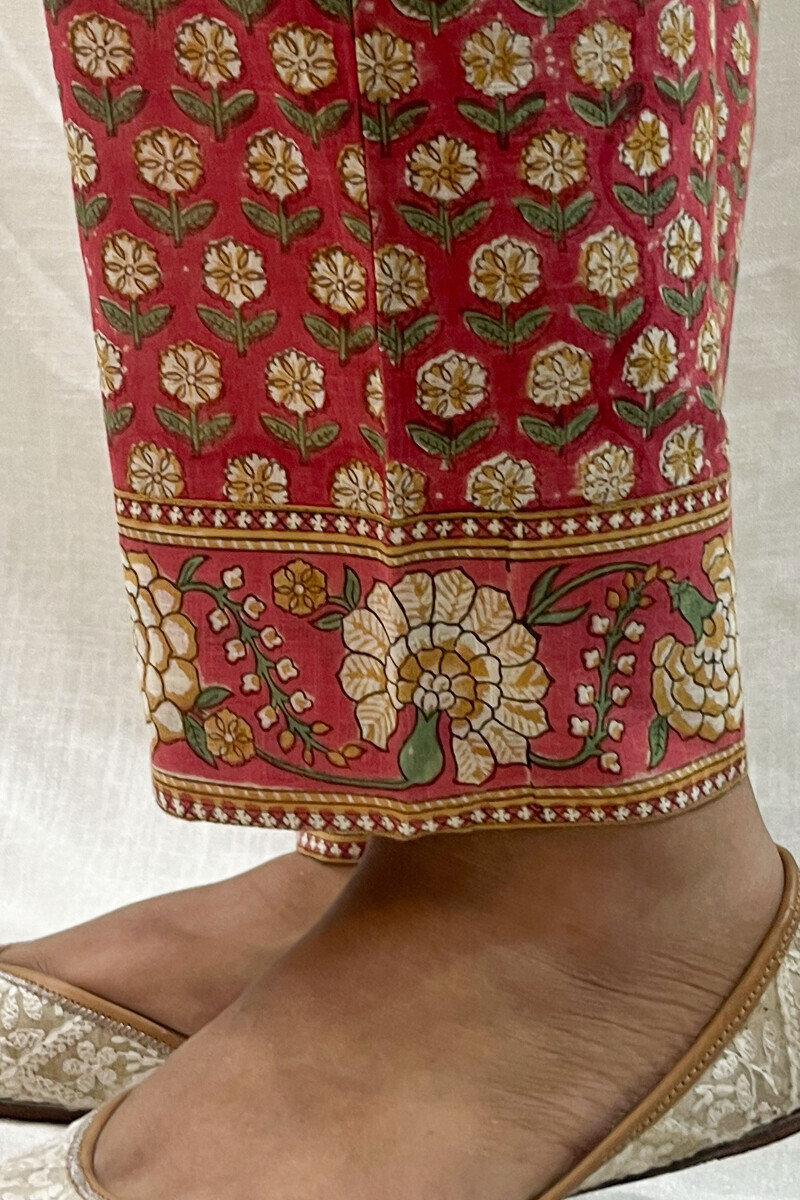 Pink Hand Printed Cotton Slub Narrow Pants