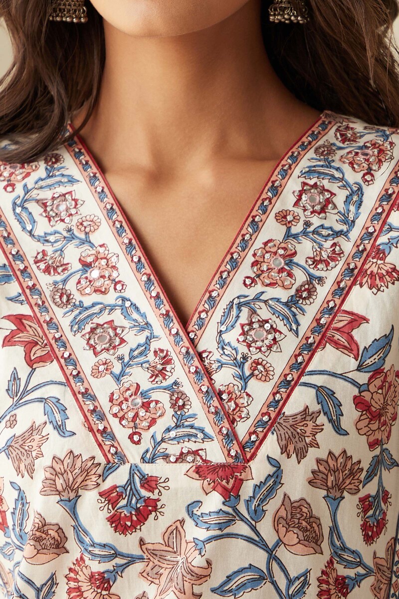 Cream Hand Printed Straight Cotton Kurta