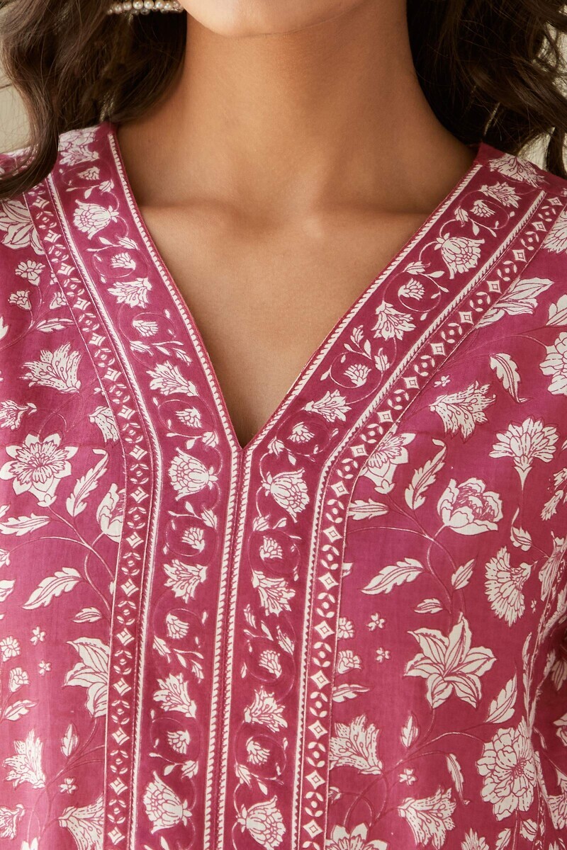Pink Hand Printed Straight Cotton Kurta