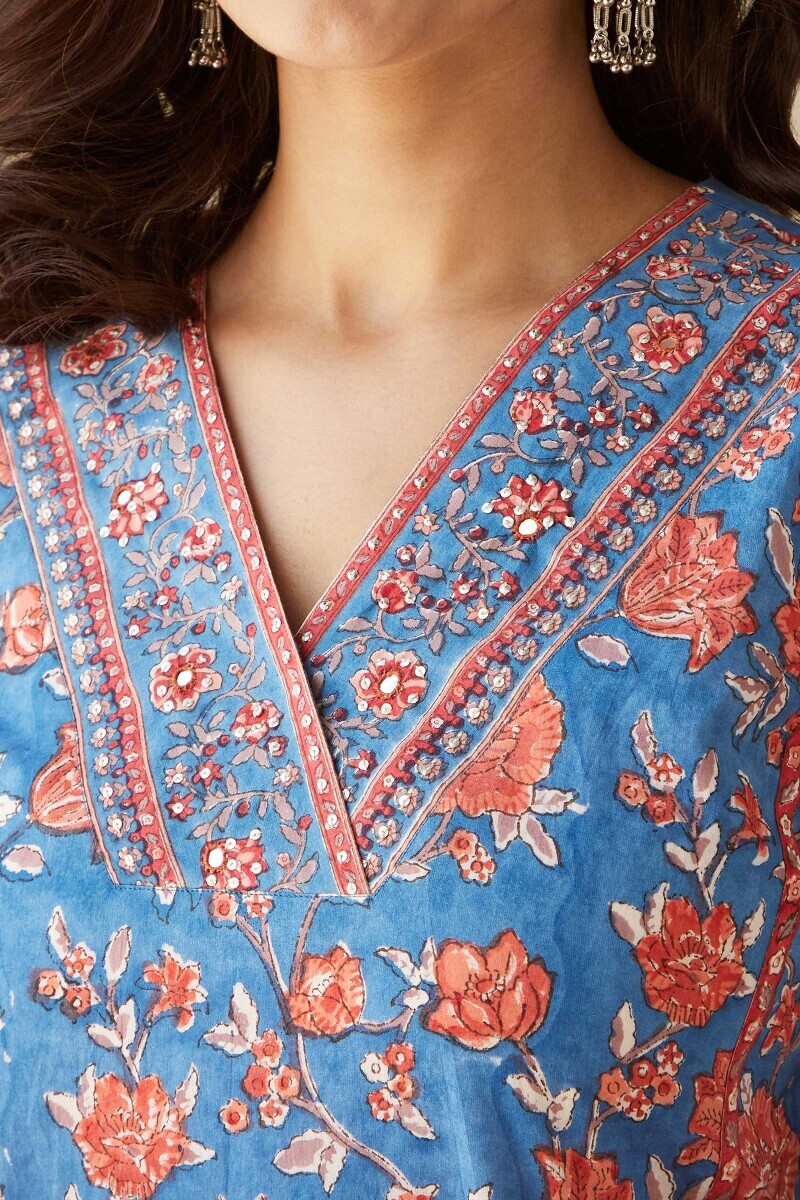 Blue Hand Block-Printed Straight Cotton Kurta