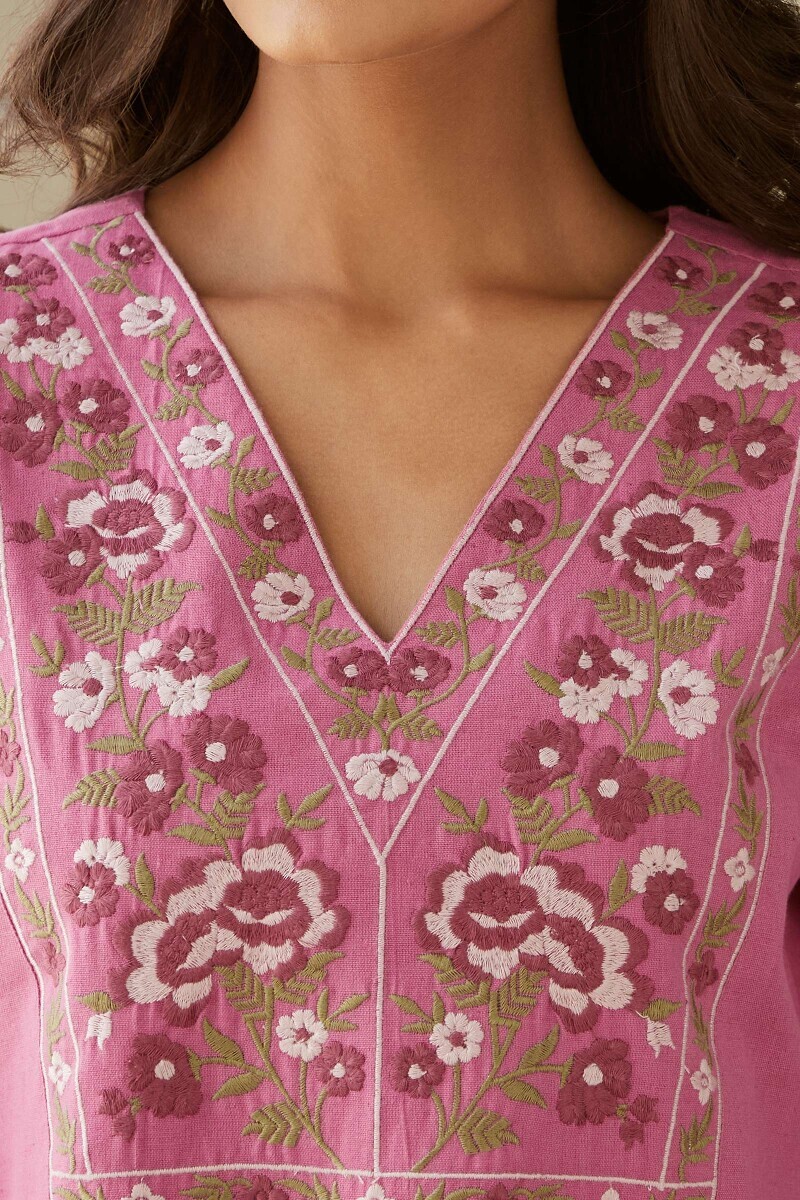 Pink Handcrafted Straight Cotton Flax Kurta