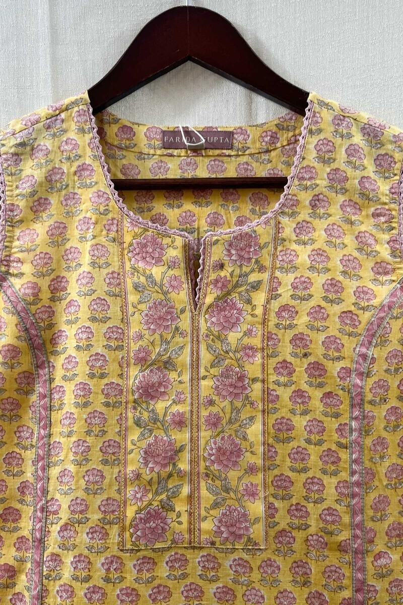 Yellow Hand Block-Printed Straight Cotton Slub Kurta