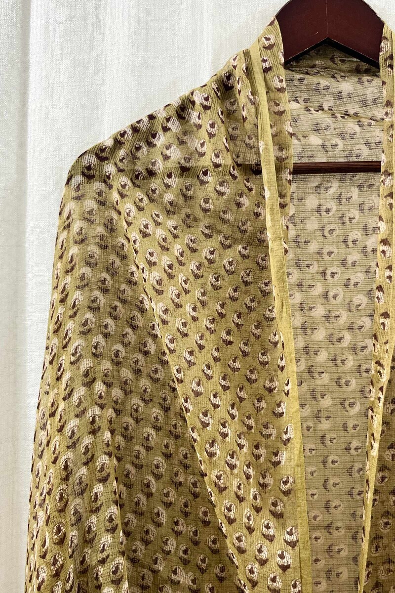 Olive Green Hand Block-Printed Kota Dupatta