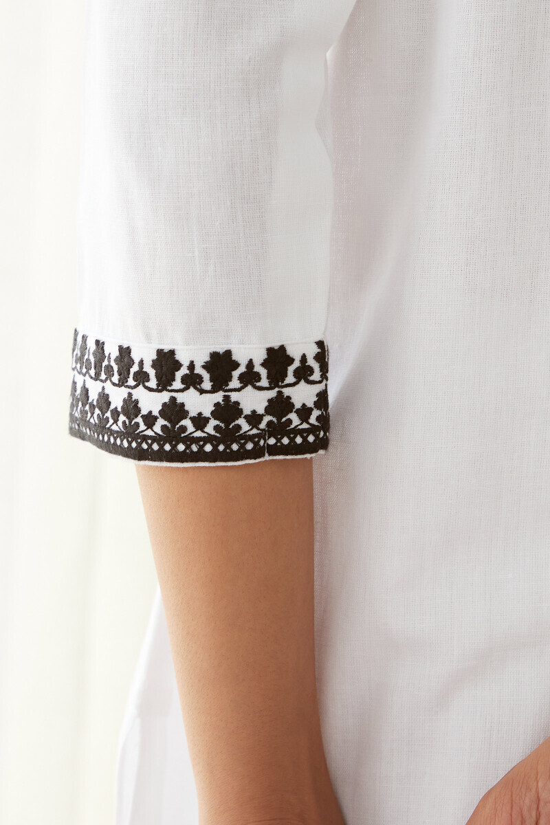 White Handcrafted Straight Cotton Flax Kurta