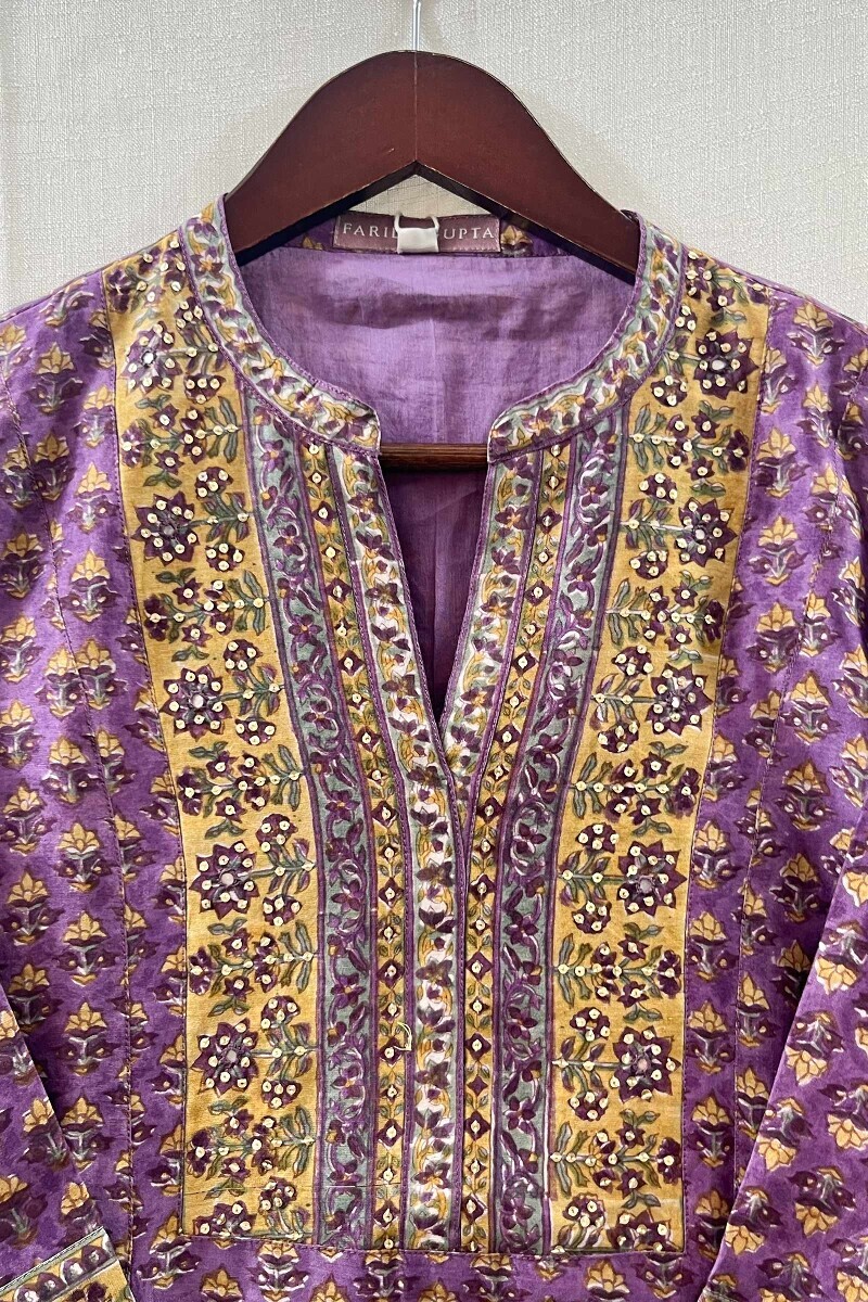 Purple Hand Block-Printed Straight Chanderi Kurta