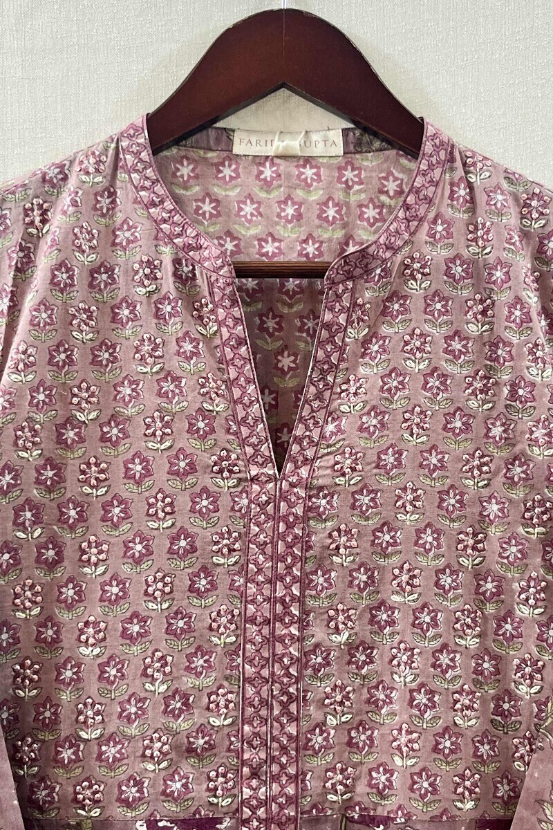 Pink Hand Block-Printed Straight Cotton Kurta