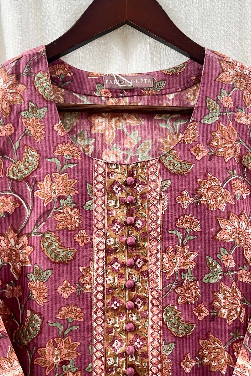 Pink Hand Block-Printed Straight Cotton Dobby Kurta