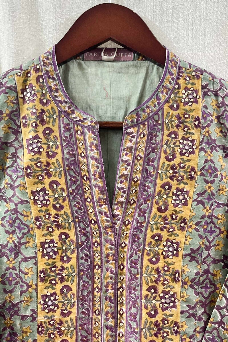 Green Hand Block-Printed Straight Chanderi Kurta