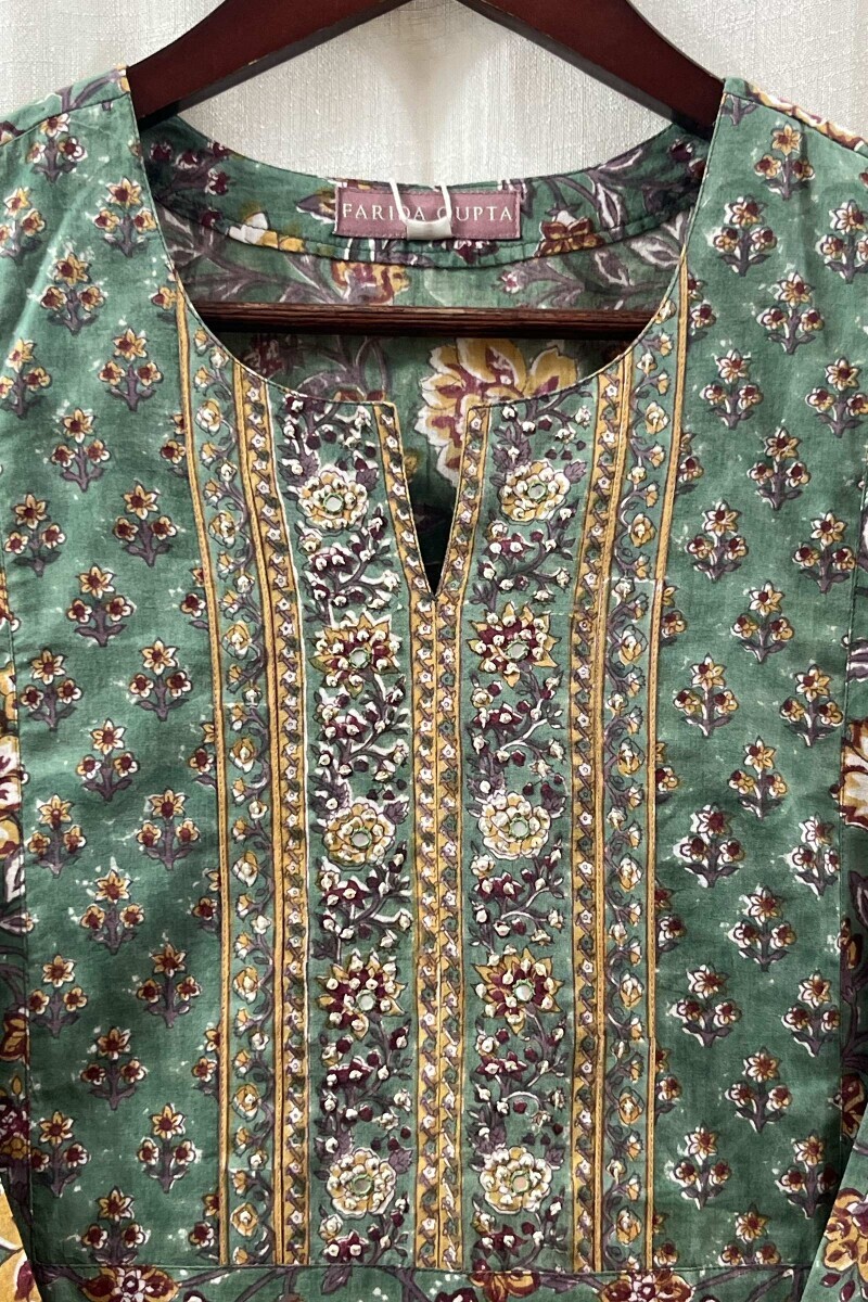 Green Hand Block-Printed Straight Cotton Kurta