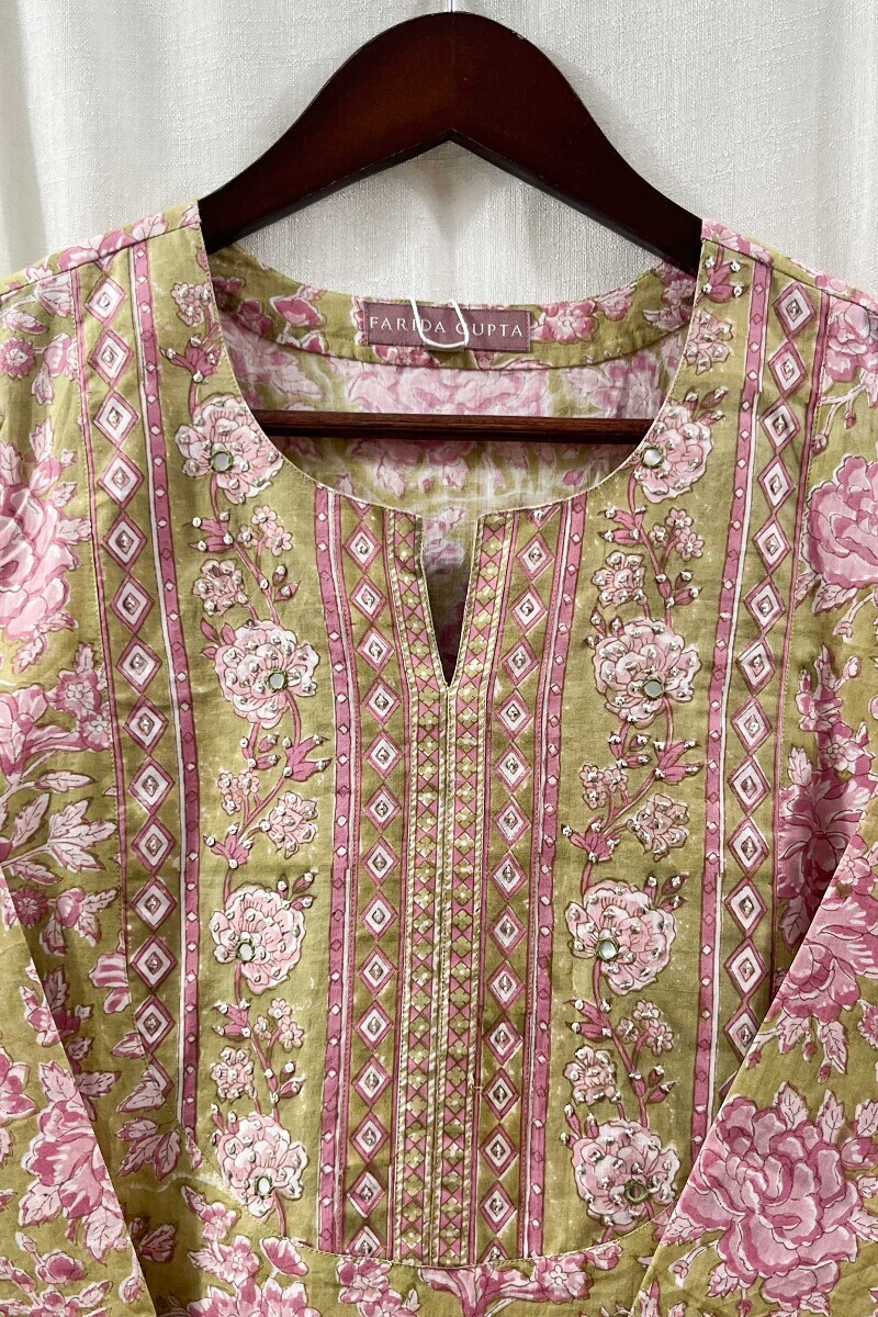 Green Hand Block-Printed Straight Cotton Kurta