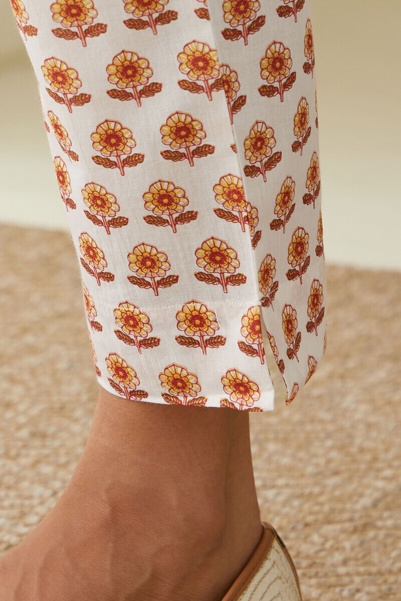 White Hand Printed Cotton Narrow Pants