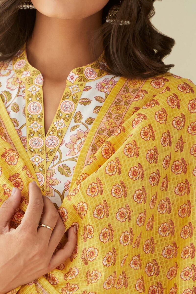 Yellow Hand Printed Kota Dupatta