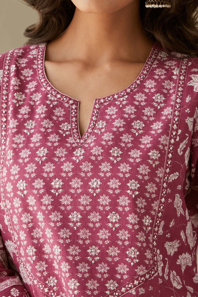 Pink Hand Printed Straight Cotton Kurta
