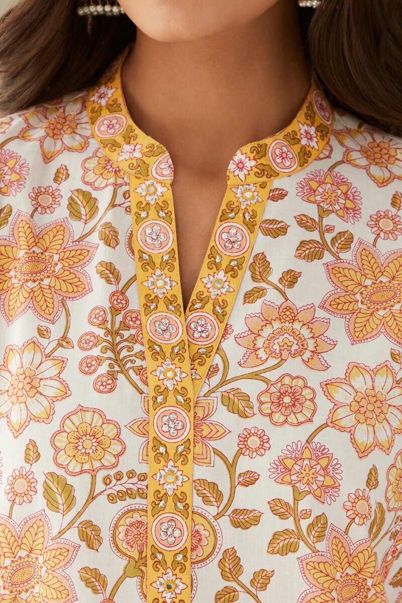 White Hand Printed Straight Cotton Kurta