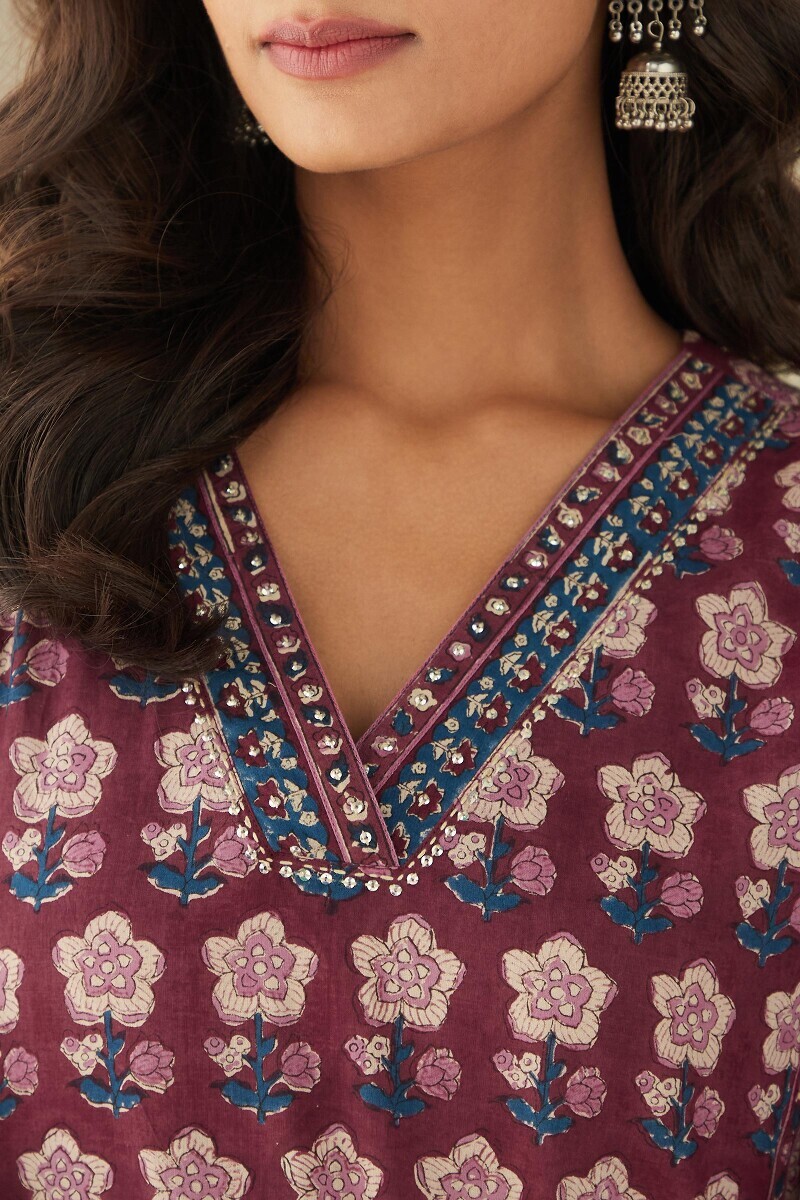 Maroon Hand Block-Printed Straight Cotton Kurta