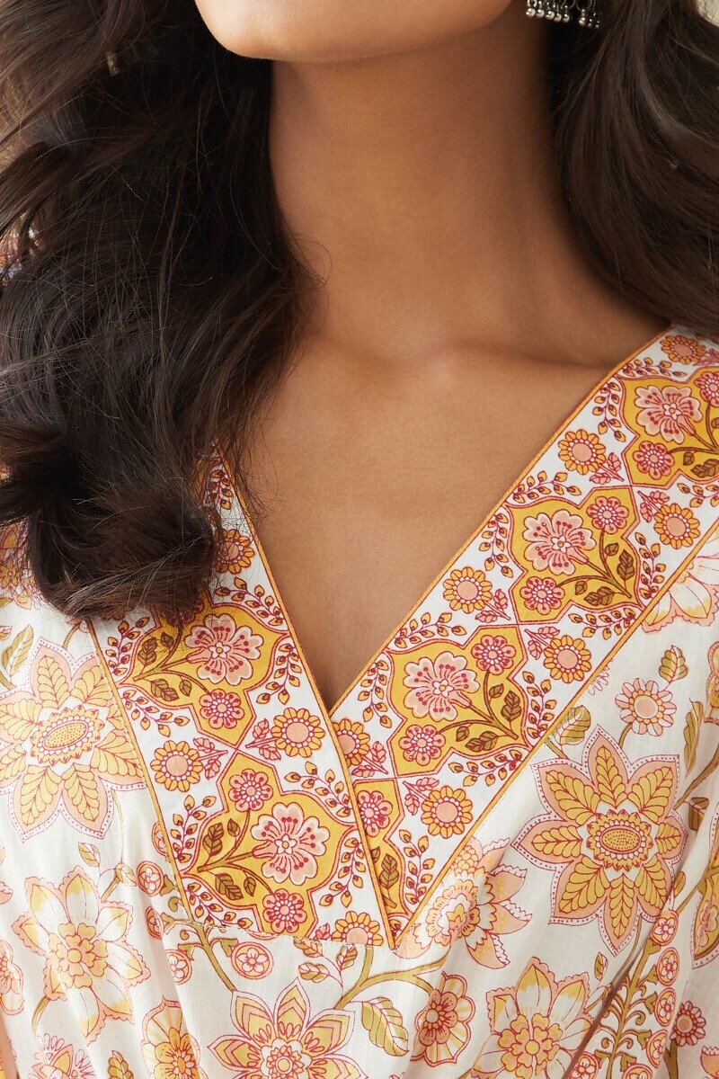 White Hand Printed Cotton Kaftan