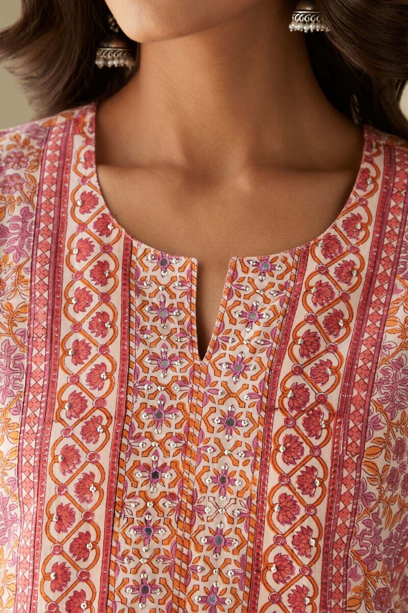 Cream Hand Block-Printed Straight Cotton Kurta