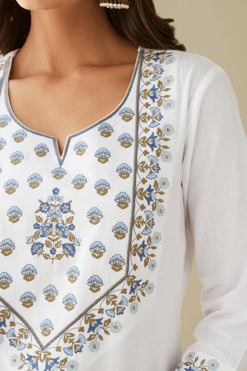 White Handcrafted Straight Cotton Flax Kurta