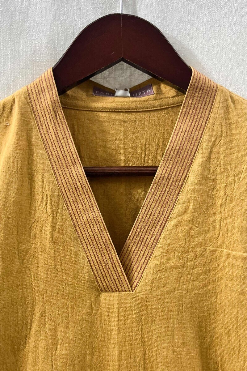 Yellow Handcrafted Straight Cotton Flax Kurta