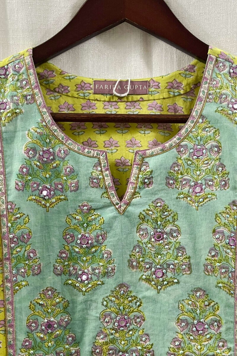 Yellow Hand Block-Printed Straight Cotton Kurta
