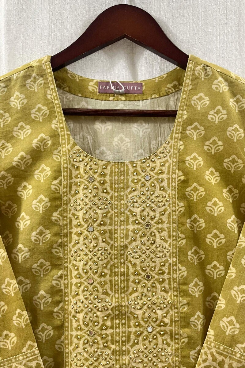 Green Printed Straight Cotton Kurta