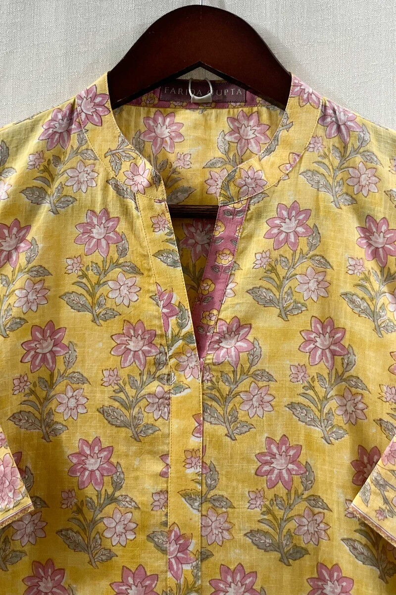 Yellow Hand Block-Printed Straight Cotton Slub Kurta