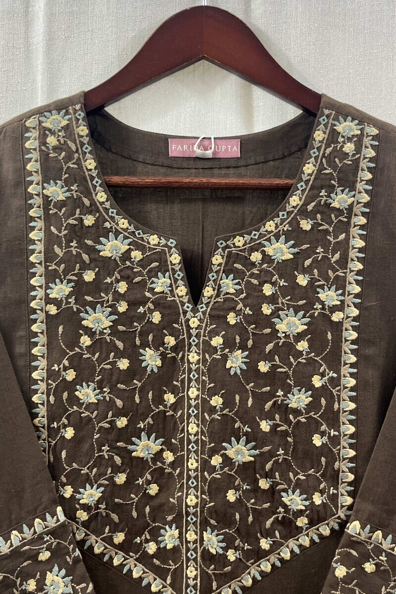 Dark Brown Handcrafted Straight Cotton Flax Kurta