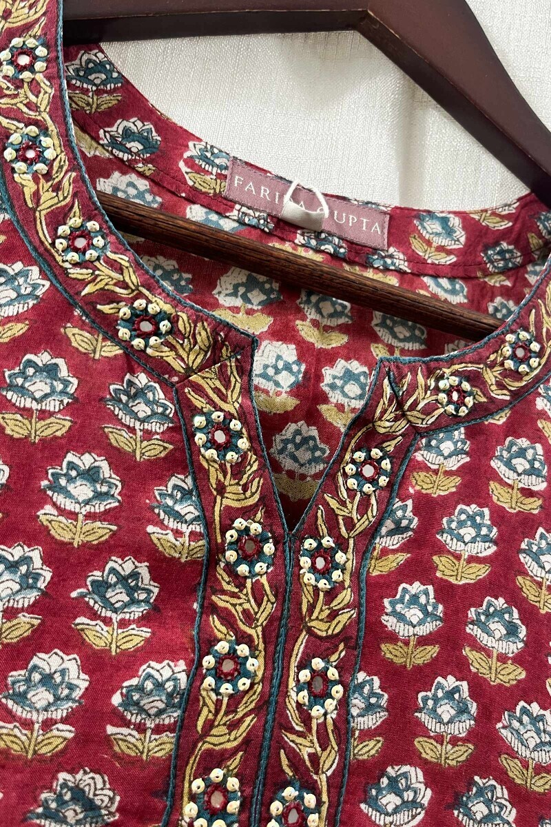 Red Hand Block-Printed Straight Modal Kurta
