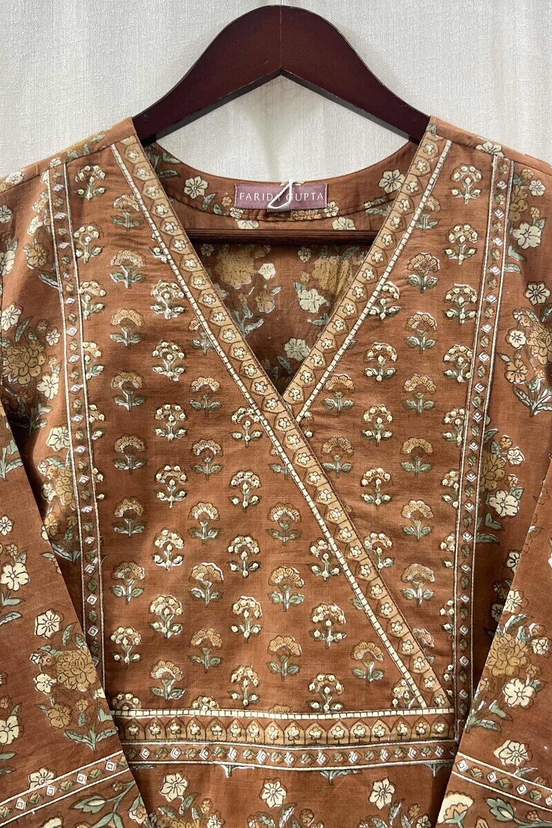 Brown Hand Block-Printed Straight Cotton Slub Kurta