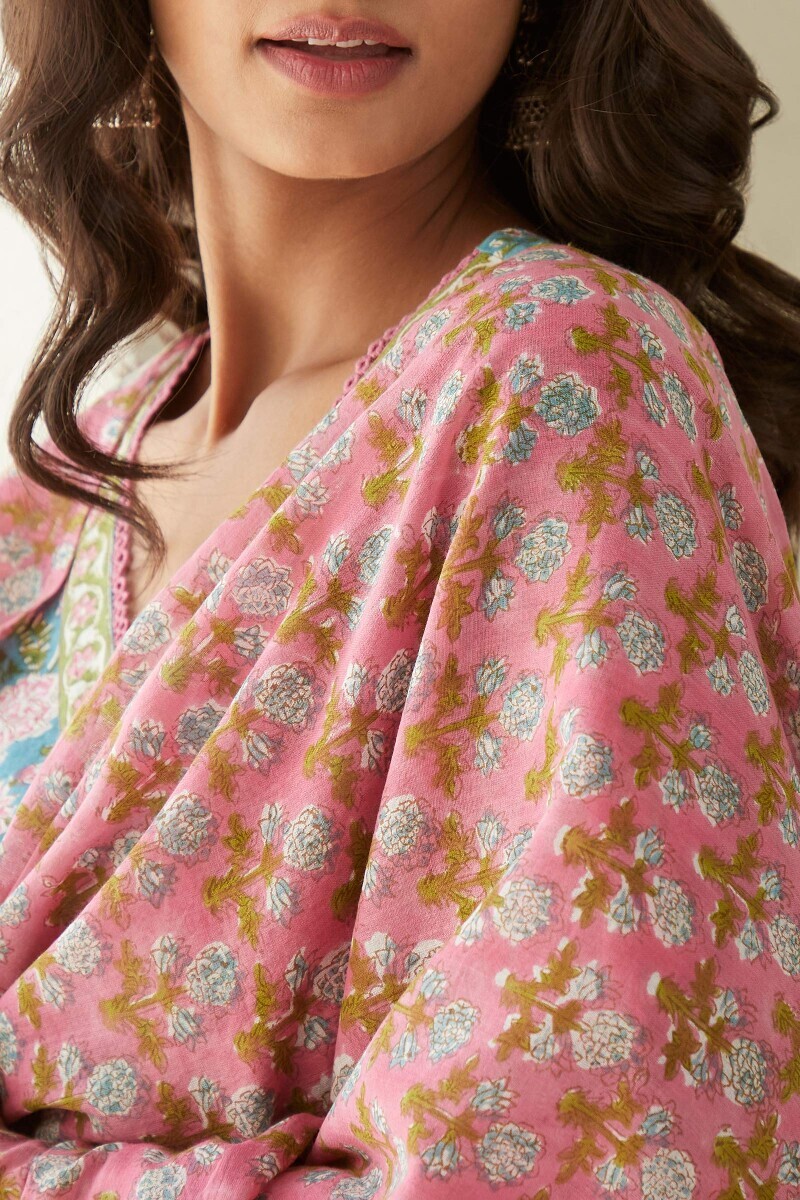 Pink Hand Block-Printed Cotton Mul Dupatta