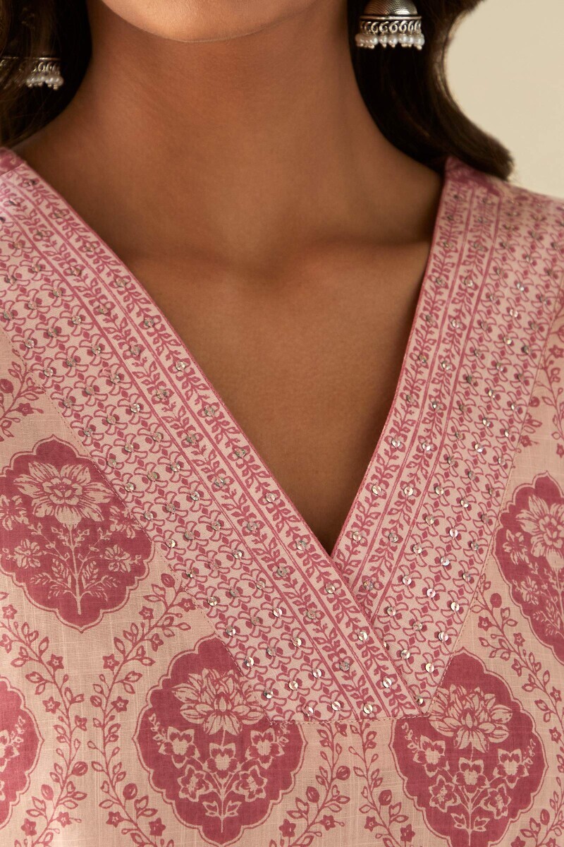 Pink Hand Printed Straight Cotton Slub Kurta