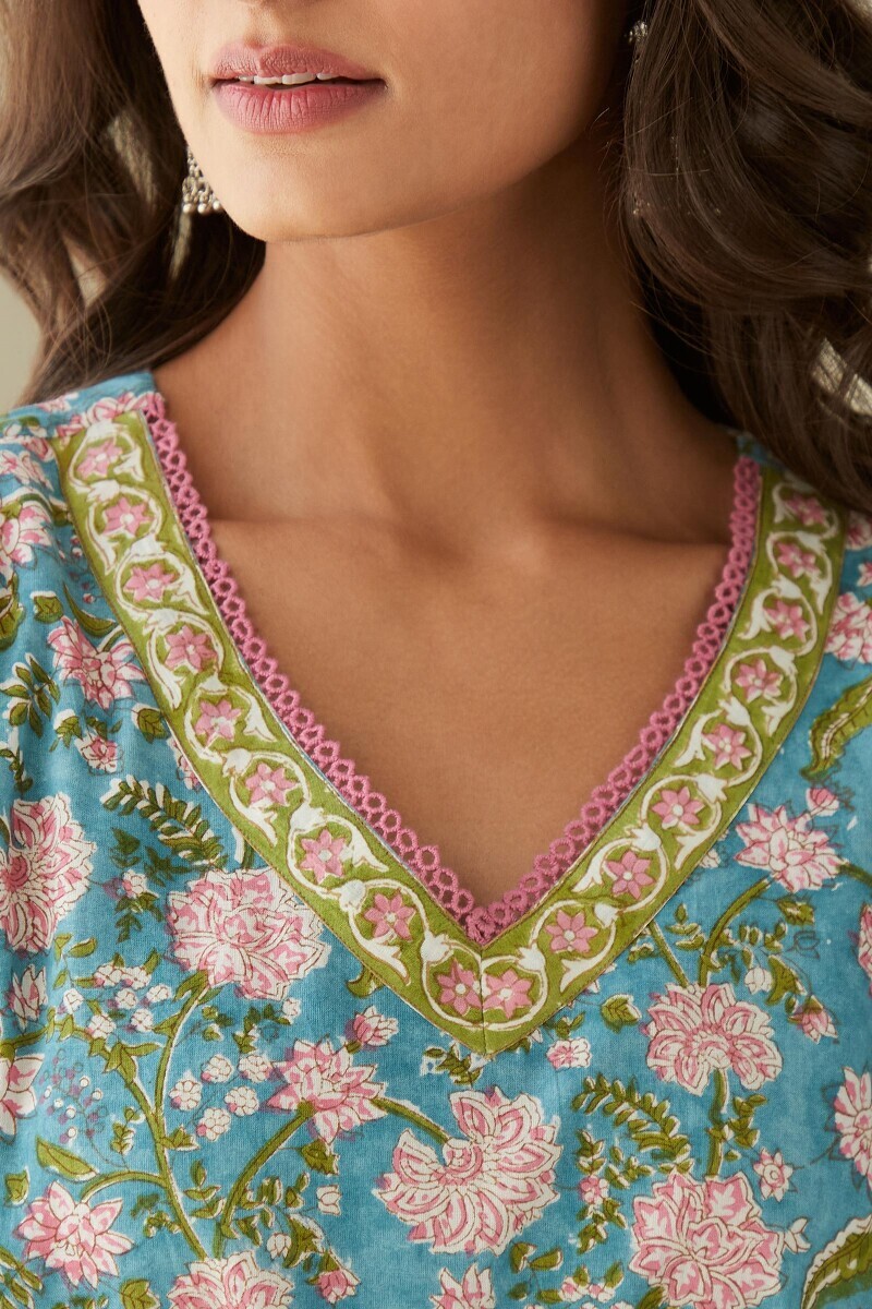 Blue Hand Block-Printed Straight Cotton Kurta