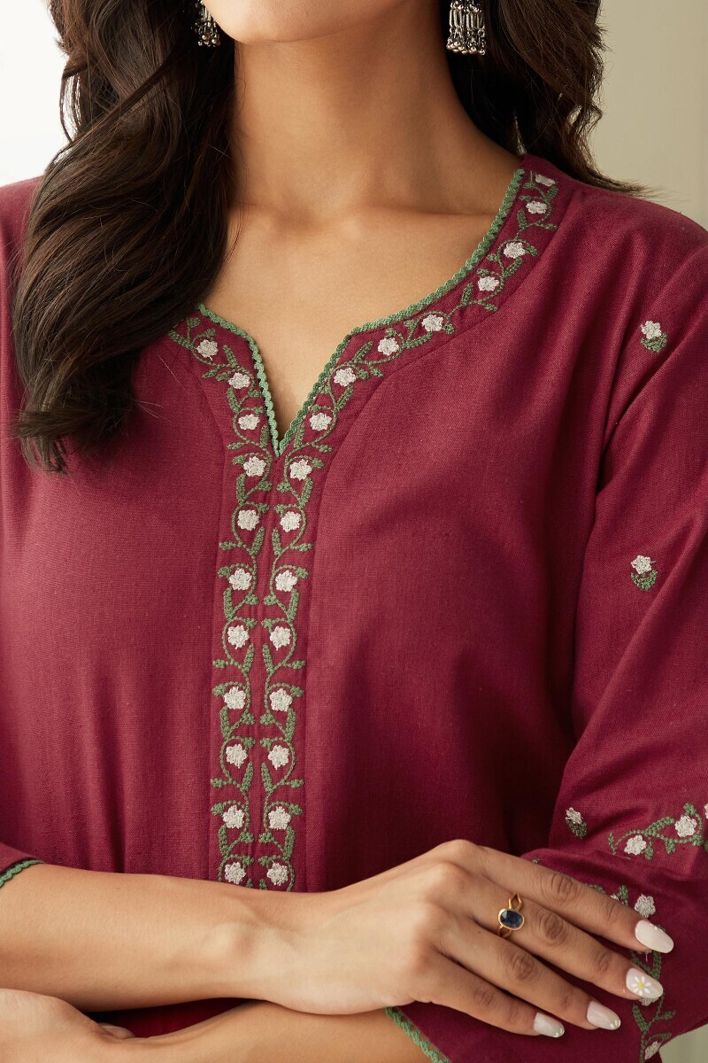 Red Handcrafted Straight Cotton Flax Kurta