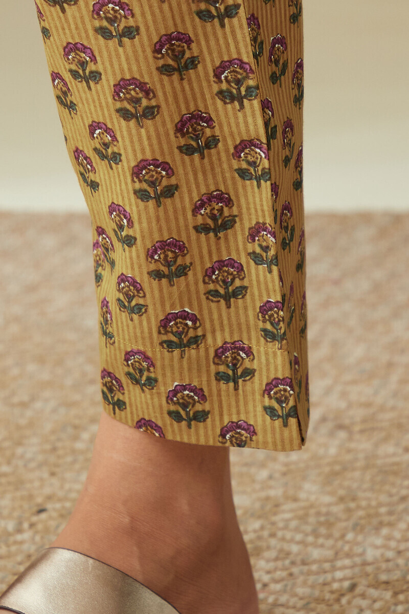Mustard Hand Printed Cotton Dobby Narrow Pants