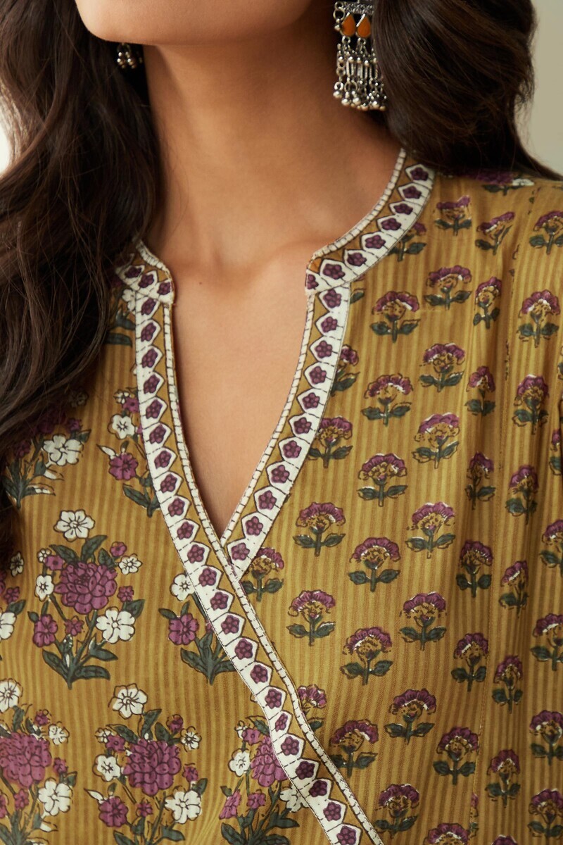 Mustard Hand Printed Angrakha Cotton Dobby Kurta