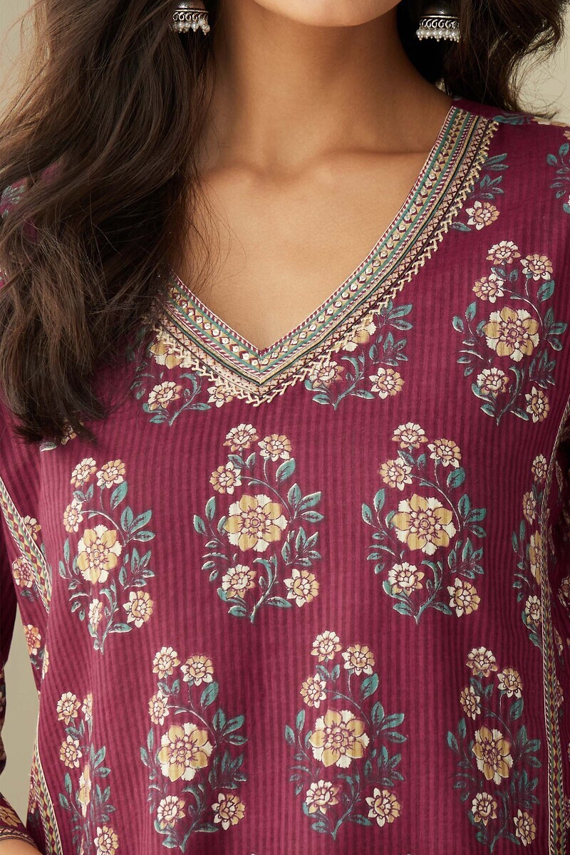 Red Hand Printed Straight Cotton Dobby Kurta