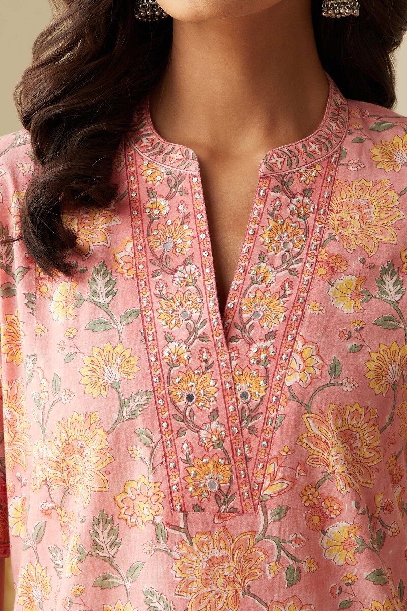 Peach Hand Block-Printed Straight Cotton Kurta