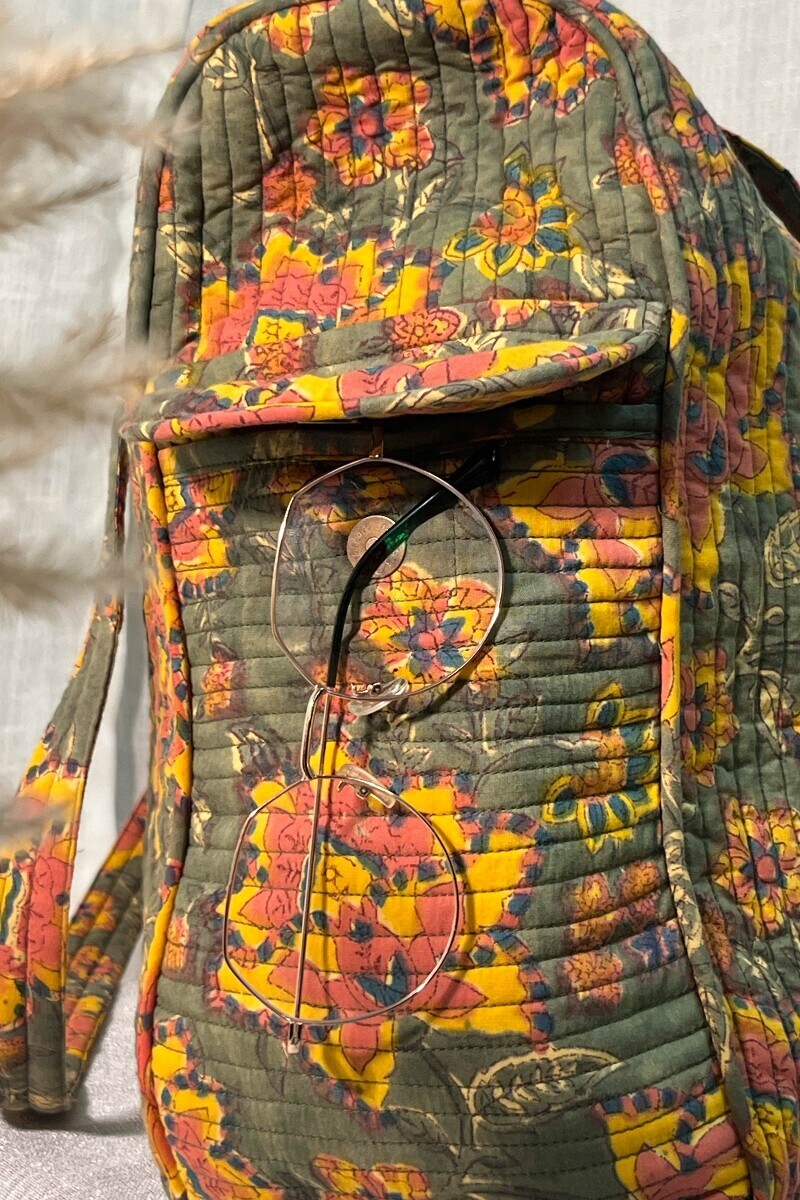 Green Hand Block-Printed Cotton Duffel Bag