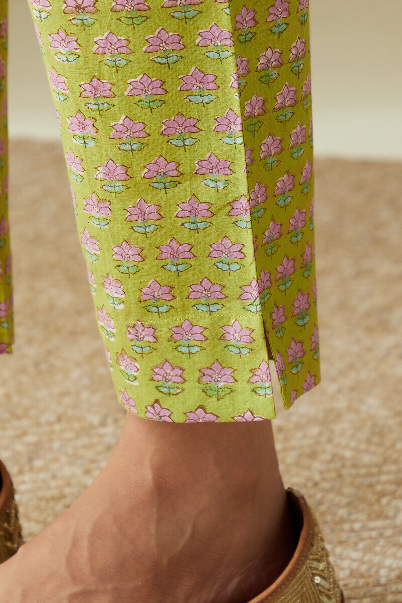 Yellow Hand Block-Printed Cotton Narrow Pants