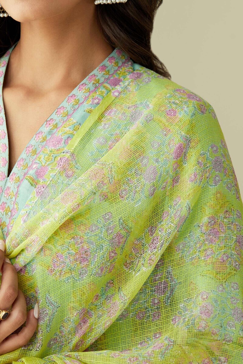 Yellow Hand Block-Printed Kota Dupatta