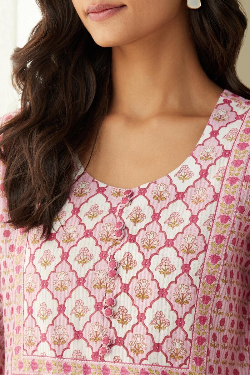Pink Hand Printed Cotton Dobby Top