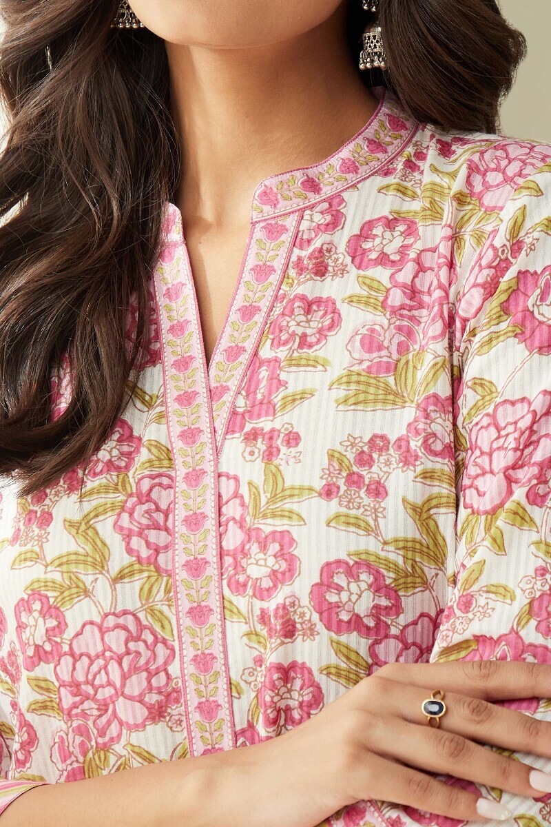 White Hand Printed Straight Cotton Kurta